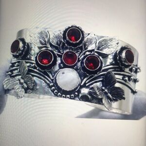Garnet Moonstone Stamped Solid 925 Sterling Silver Cuff Bracelet